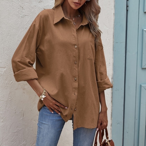 Classic Mocha Brown Button up Oversized Boyfriend Top - Picture 3 of 12